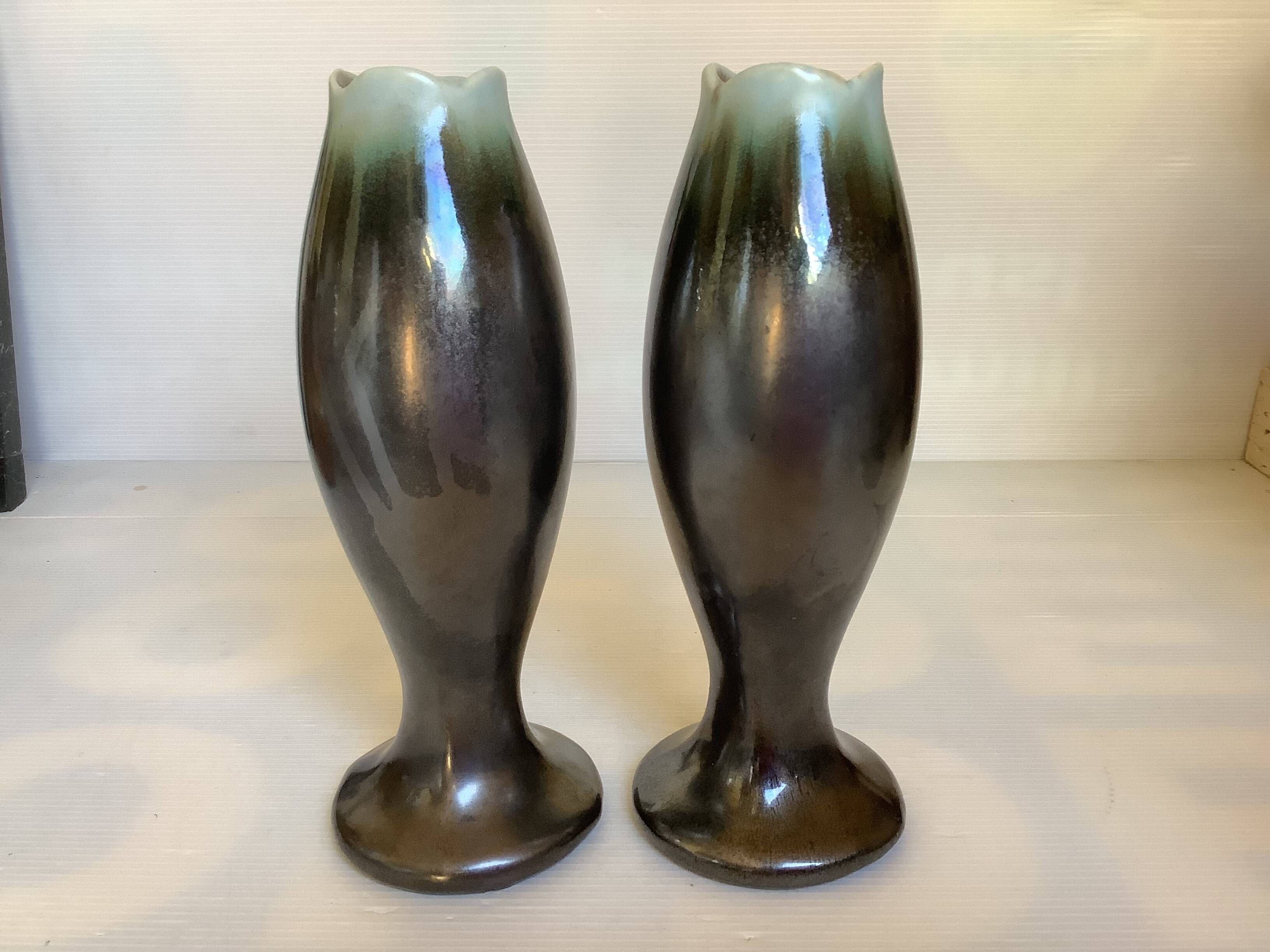 Pair of flamed ceramic vases Thulin Made in Belgium