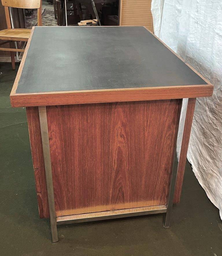 Teak veneer desk with chromed metal frame, from the 70s.