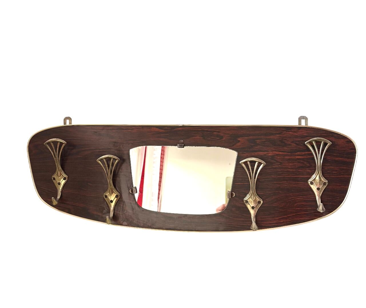 Wood and brass coat rack, 1960