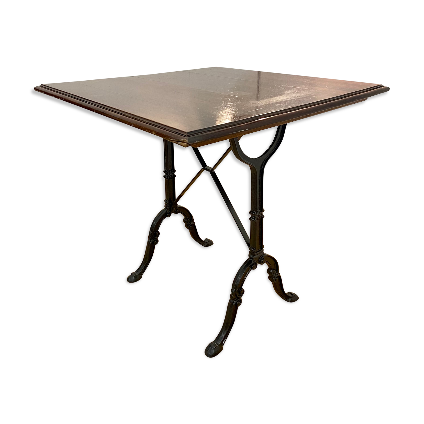 Wrought iron foot bistro table and wooden tray