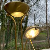 Vintage Italian design gold halogen floor lamp with double spotlight dome.