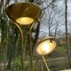 Vintage Italian design gold halogen floor lamp with double spotlight dome.