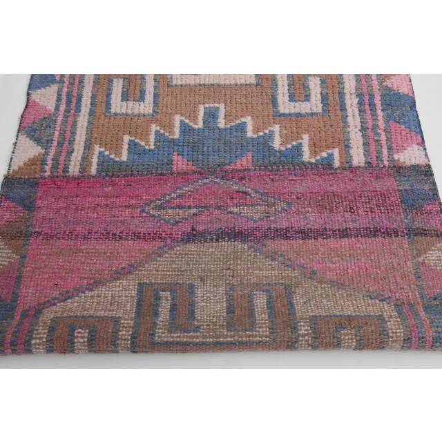 1970s Vintage Turkish Oushak Handmade Wool Cotton Pink Runner Rug 89x299