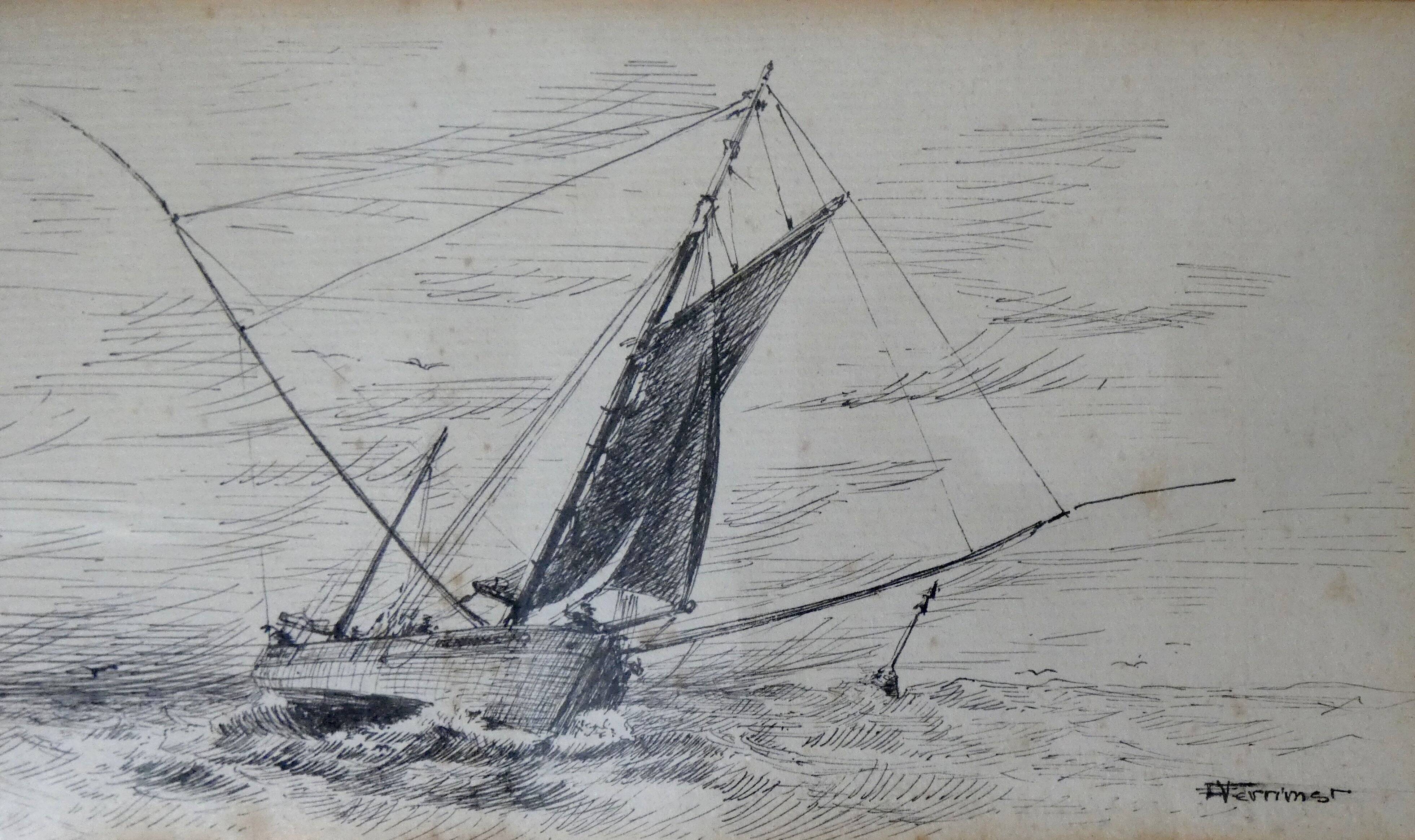 Antique ink drawing on paper, sailboat at sea, signed and framed.