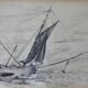 Antique ink drawing on paper, sailboat at sea, signed and framed.