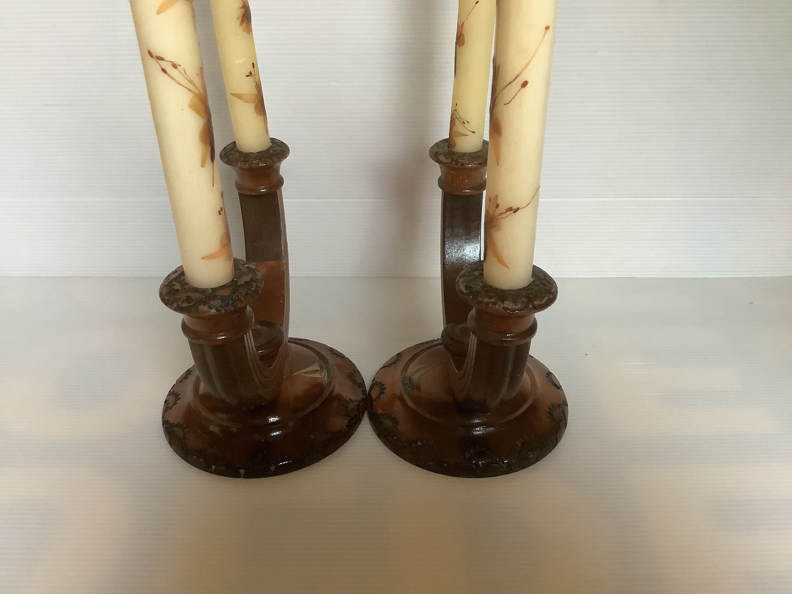 Old pair of brutalist wooden candlesticks dried flower candles