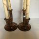 Old pair of brutalist wooden candlesticks dried flower candles