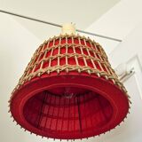 Vintage rattan pendant light - red fabric interior shade from the 60s