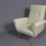 Pair of low armchairs in brass and textile. Italy 1950s