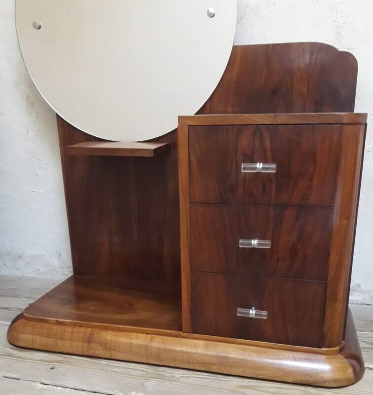 Art Deco dresser, solid walnut, veneer, 3 drawers, mirror.