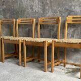 Set of 4 straw chairs in light wood - design 1970