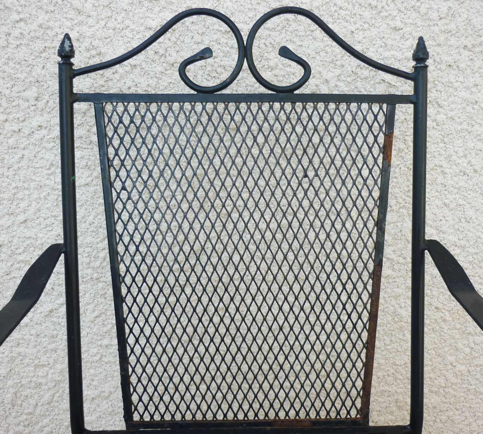Series of 5 armchairs, openwork metal garden chairs, 60s/70s, stackable