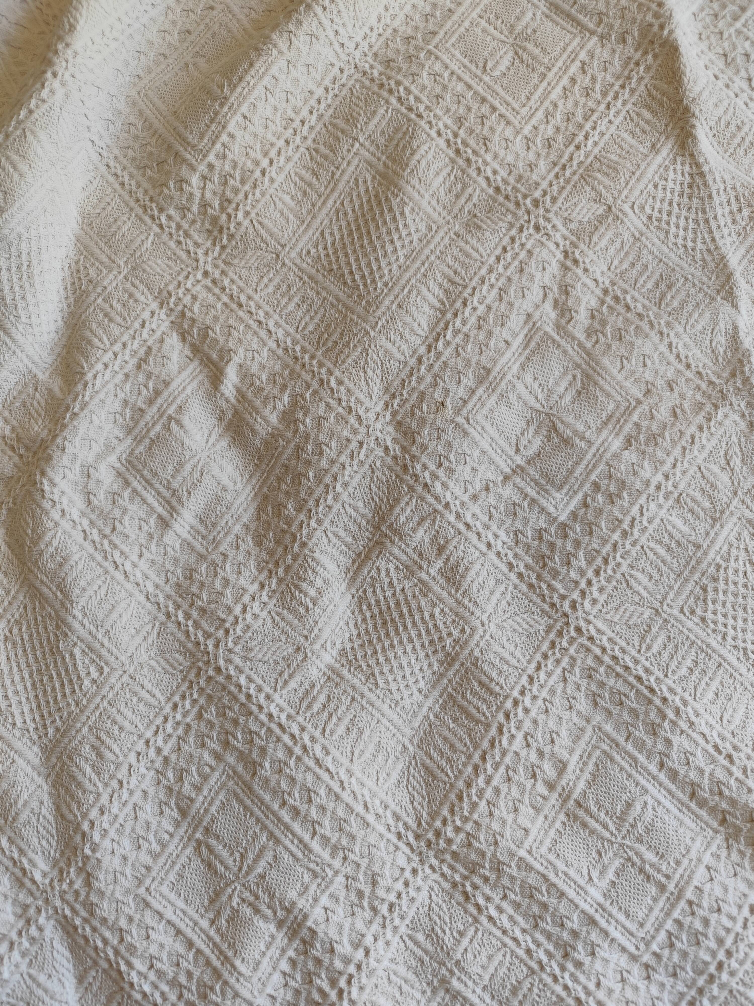 White cotton bedspread, vintage woven cotton bed throw.