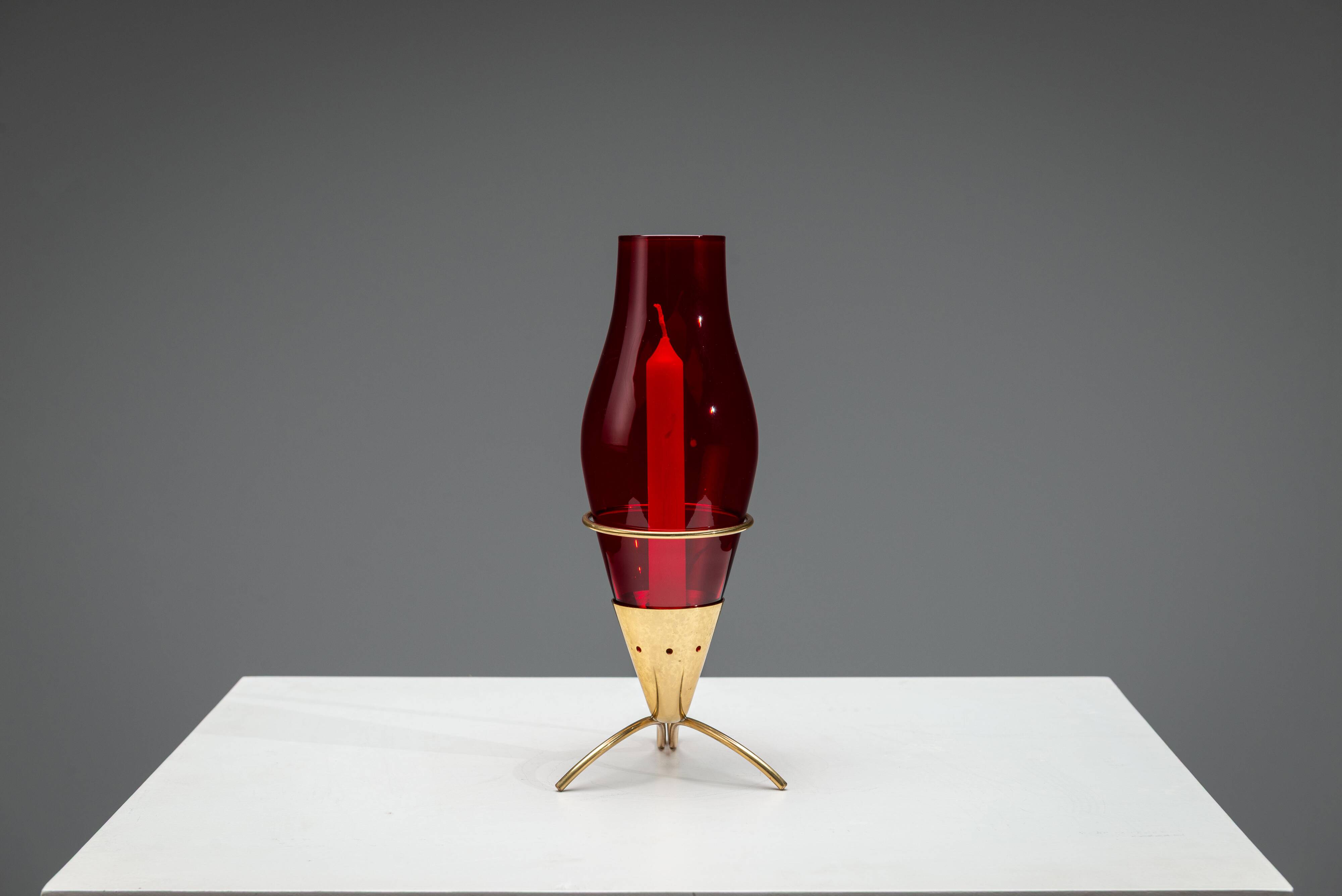 Gunnar Ander candleholder in brass, glass and rattan for Ystad Metall