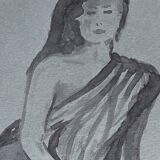 Signed watercolor painting on Denim paper portrait of a woman “waiting for the bath”
