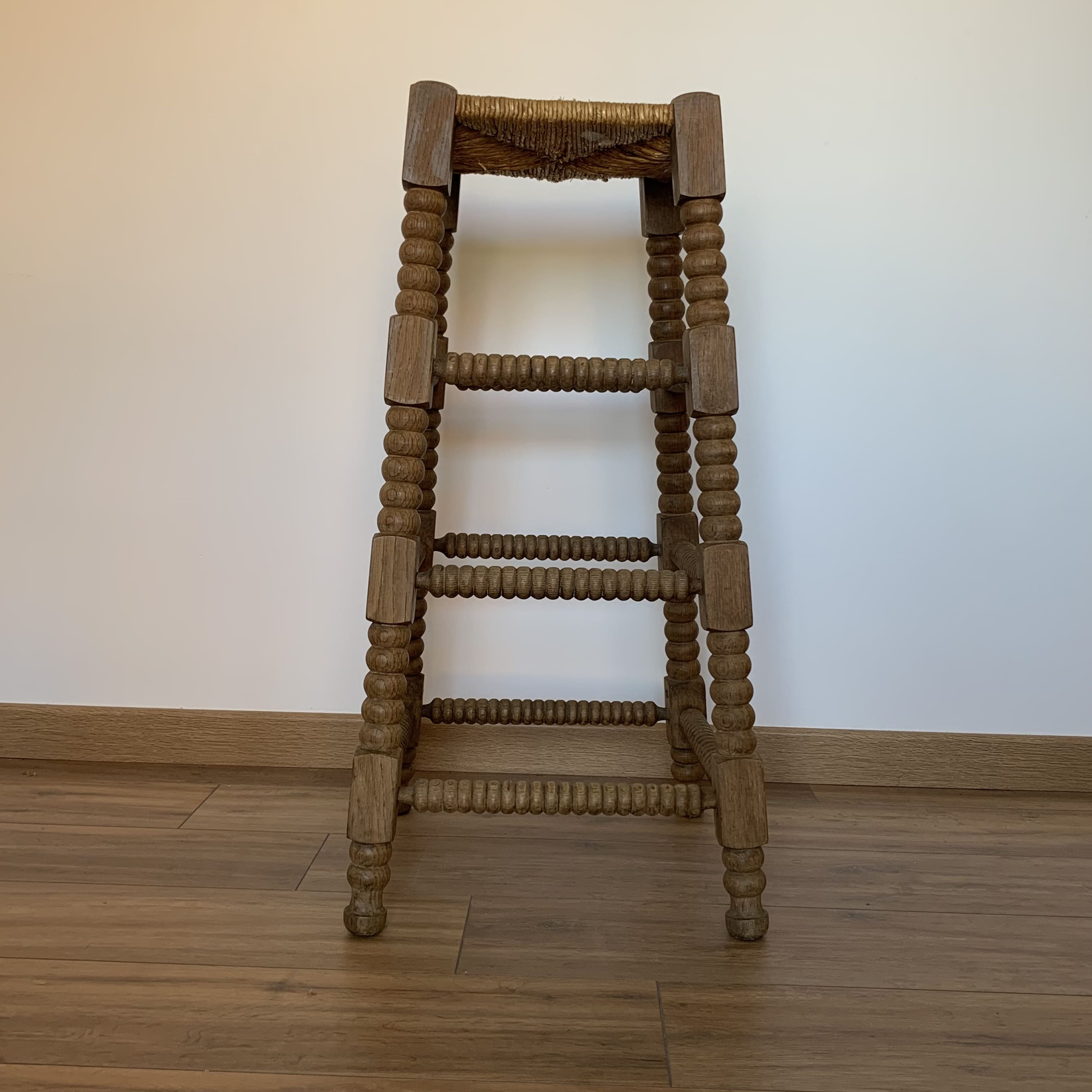 Stool high straw wood turned