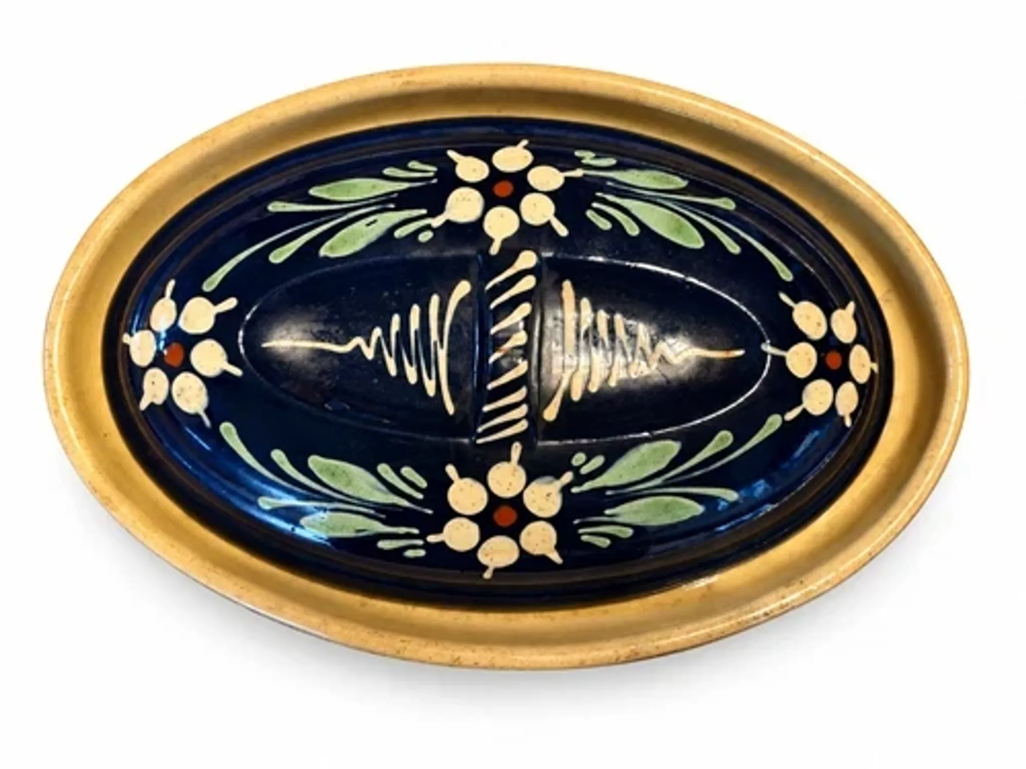 Terrine alsacienne ancienne à Baeckeoffe bleu fleurs avec couvercle 35 cm