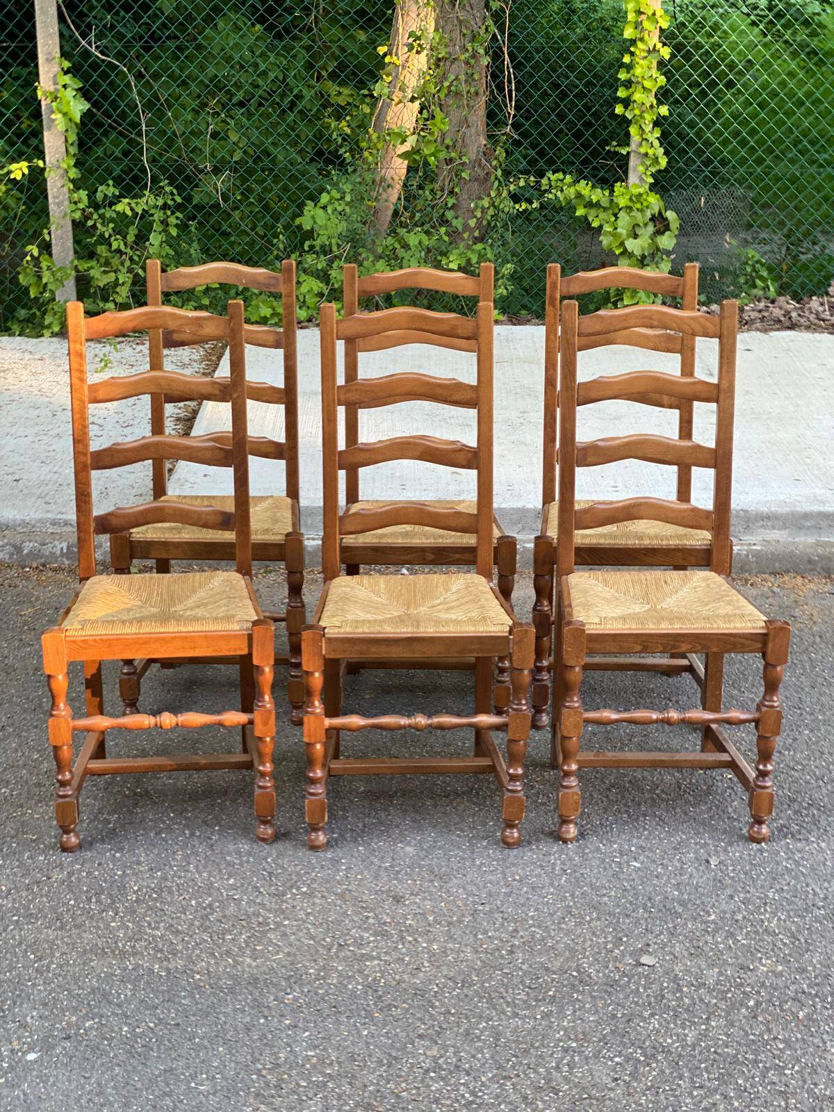 6 solid oak and straw chairs, high back, 102cm