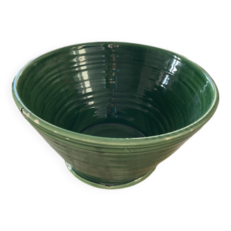 Large green varnished earthenware salad bowl