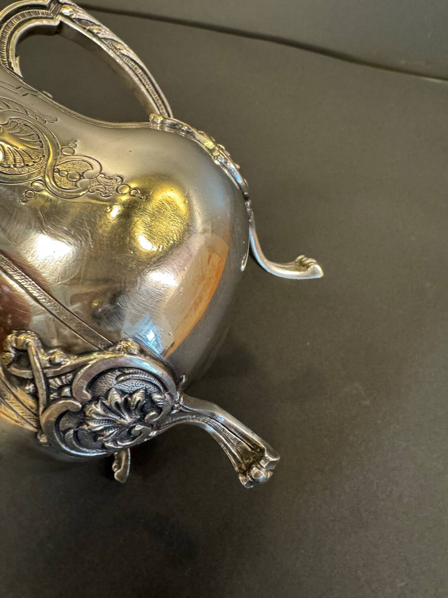 Antique silver-plated metal milk jug – Rococo style, chased decoration, early