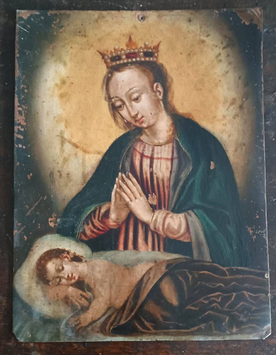 Antique painting on copper - 17th/18th century - Virgin and Child asleep