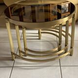 3 nesting tables years 70 - round gilded brass and smoked glass tops