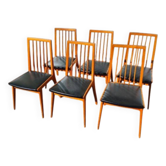 Set of 6 Scandinavian wooden and vintage leatherette chairs