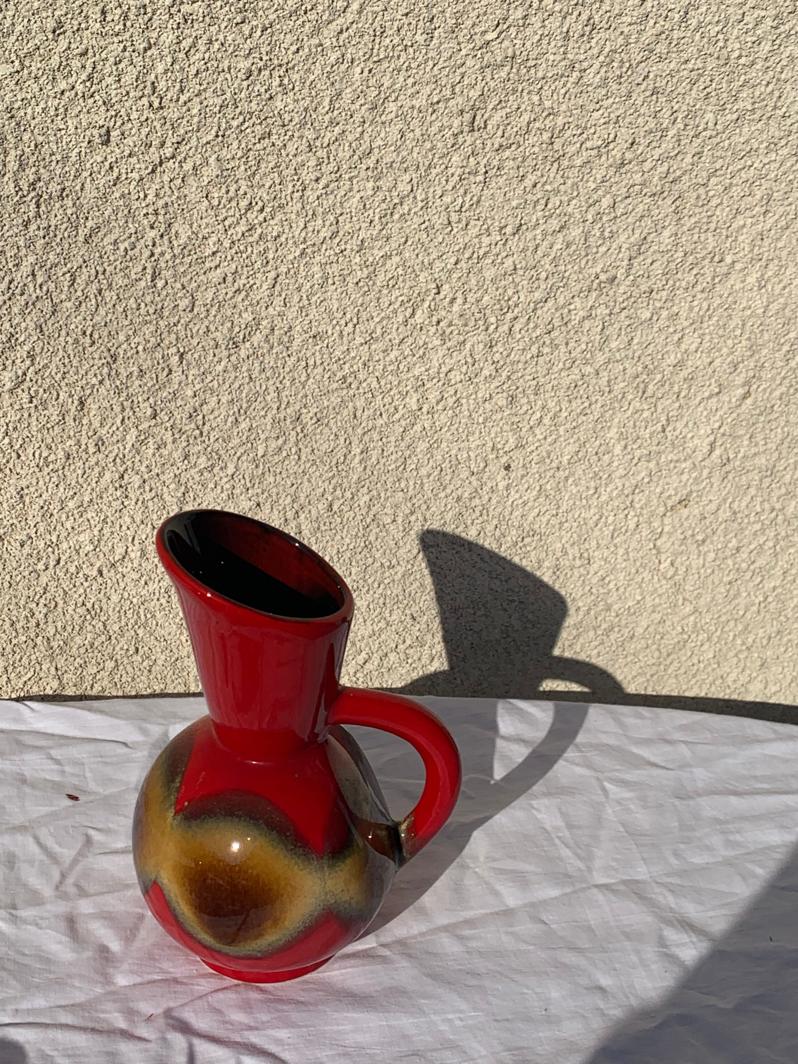 Red and beige glazed ceramic jug, pitcher, carafe, designer and vintage