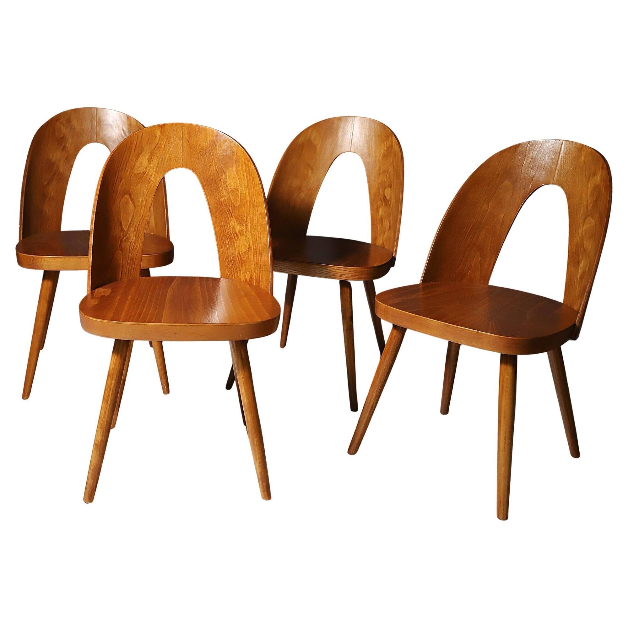 Fully renovated beech wood dining chairs, Czechoslovakia, set of 4