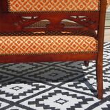 Vintage bench in wood and orange/ivory velvet.