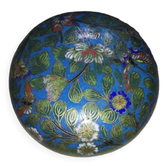 Pot rond ou boîte ronde en bronze cloisonné de Chine XIXème début XXème siècle à décor de fleurs