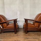 PAIR OF BRUTALIST ARMCHAIRS IN TEAK AND VINTAGE COGNAC LEATHER FROM THE 1950S