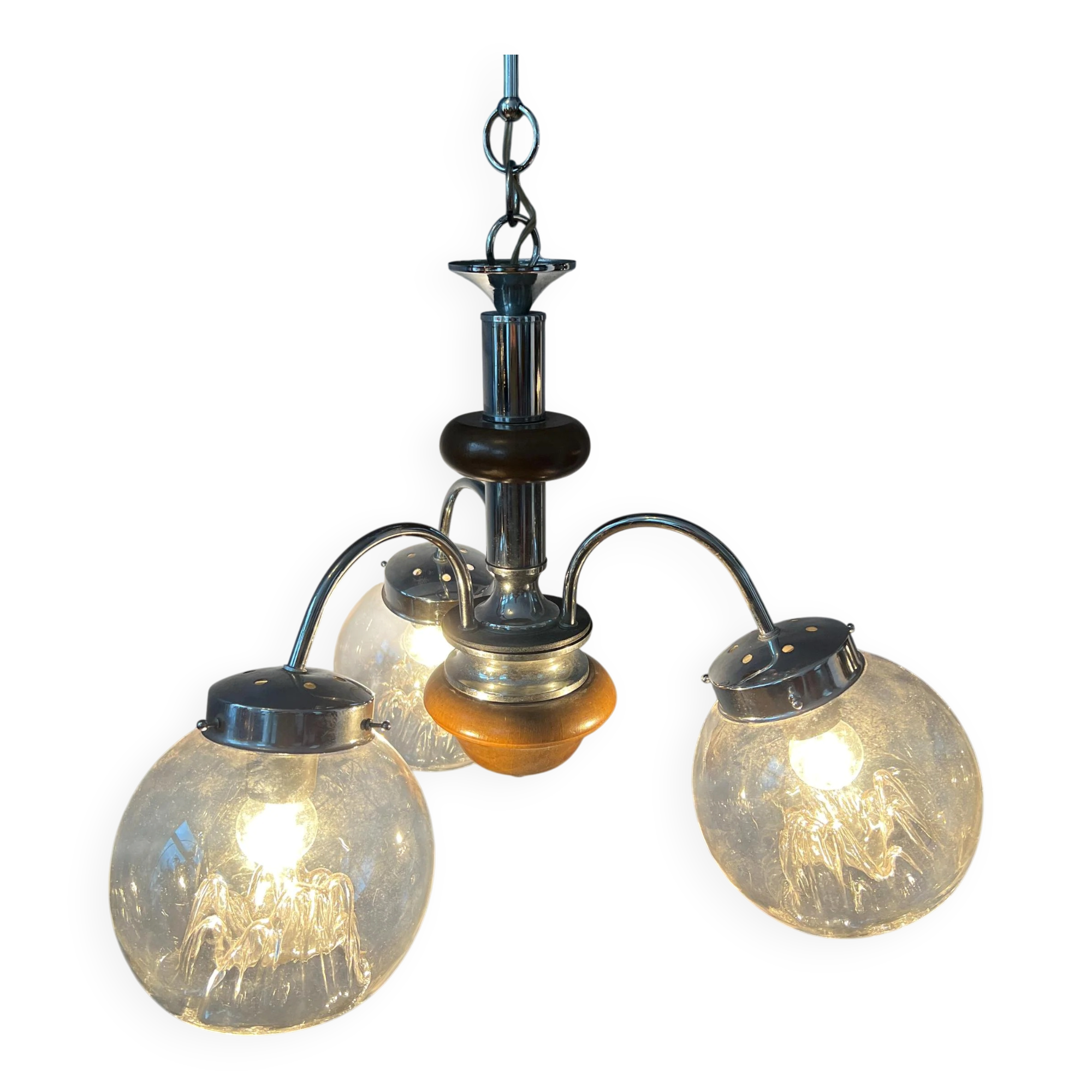 Vintage transparent glass chandelier from Murano with a chrome structure.