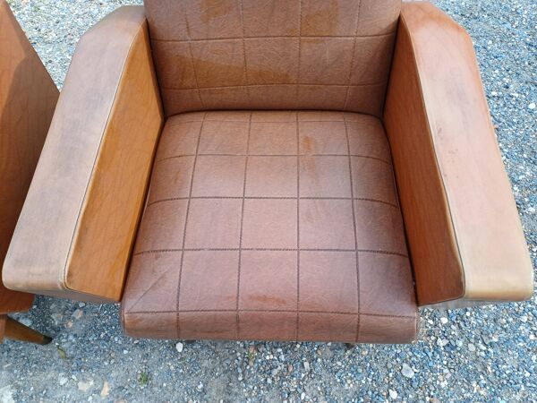 Paire de fauteuils vintage en skaï marron