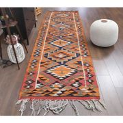 1970s Vintage Turkish Hand-Knotted Wool Cotton Orange Runner Rug 104x338