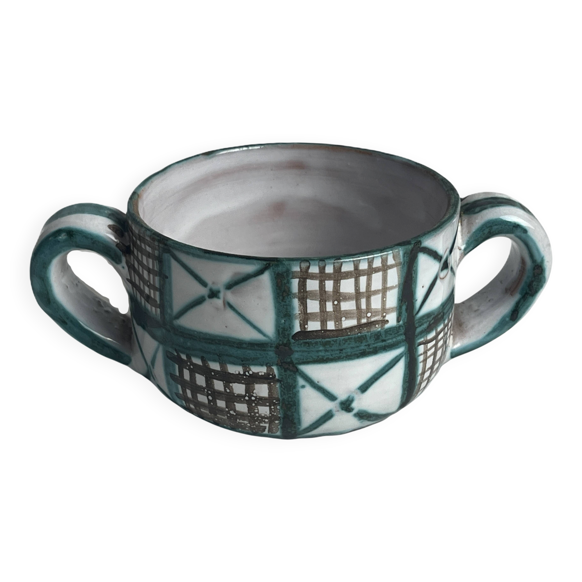 Robert Picault, bowl with two handles, polychrome earthenware, 20th century.