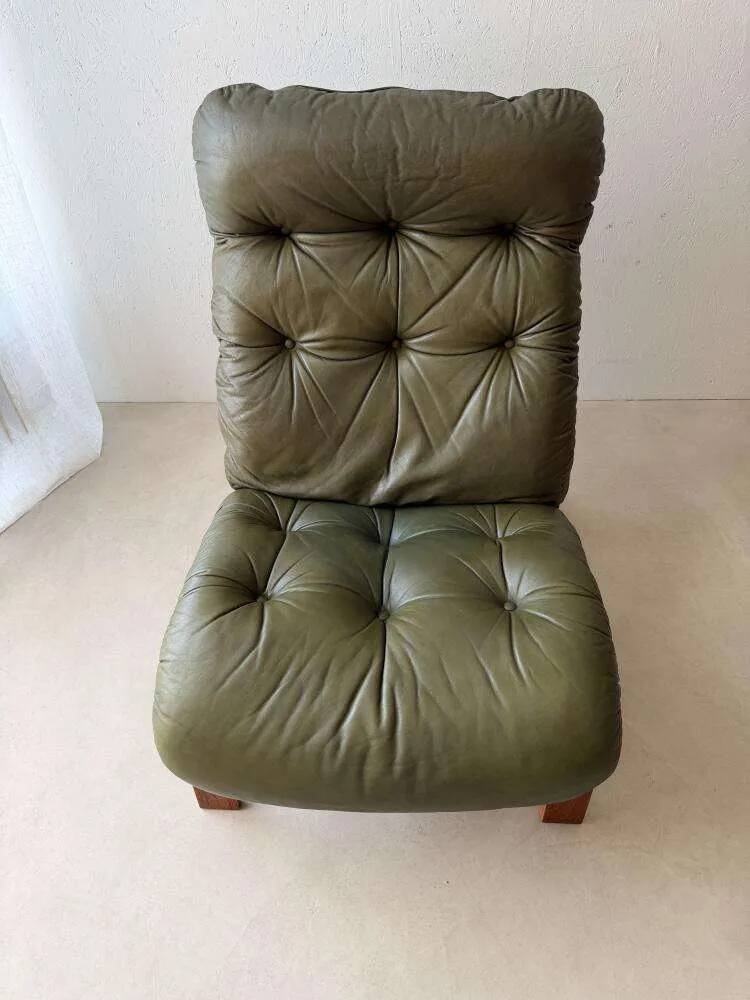 Scandinavian armchair Rybo Rykken Solheim green leather teak