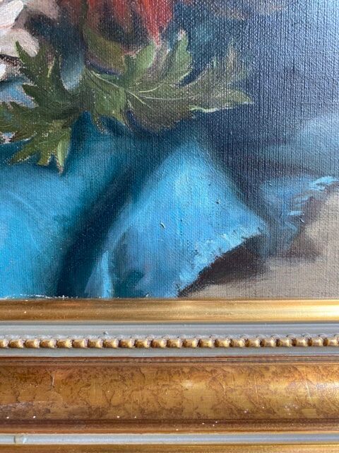 Ancient painting, dead nature with dahlias, signed, dated, late 19th century