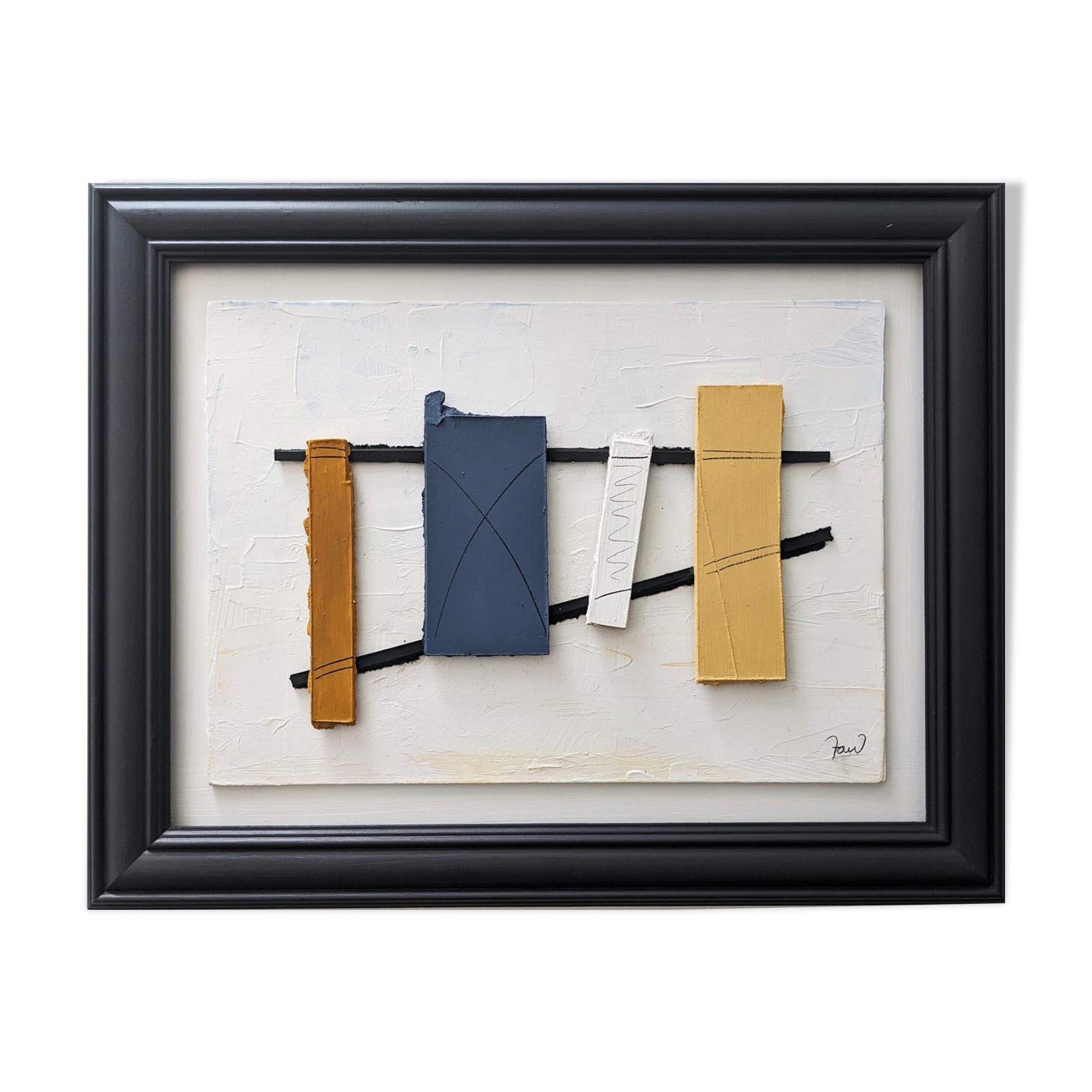 Contemporary "Construction 2" Constructivist Oil Relief Painting, Framed