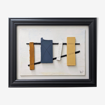Contemporary "Construction 2" Constructivist Oil Relief Painting, Framed