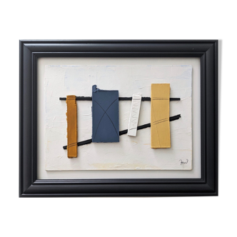 Contemporary "Construction 2" Constructivist Oil Relief Painting, Framed