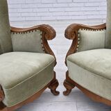 1960s, Danish armchair, green furniture velour, carved oak wood.