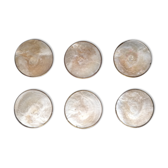6 mother-of-pearl and brass coasters