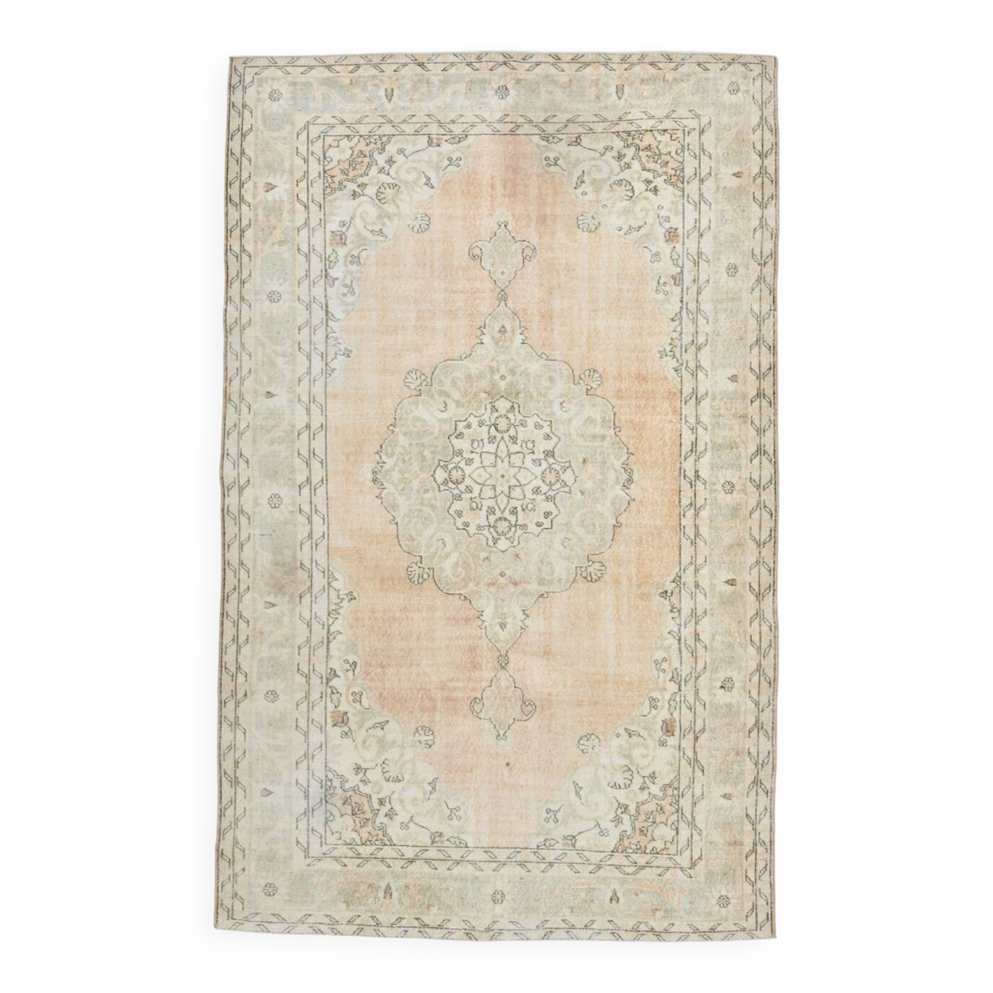 7x11 Vintage Peach Beige Turkish Rug, 206x335Cm