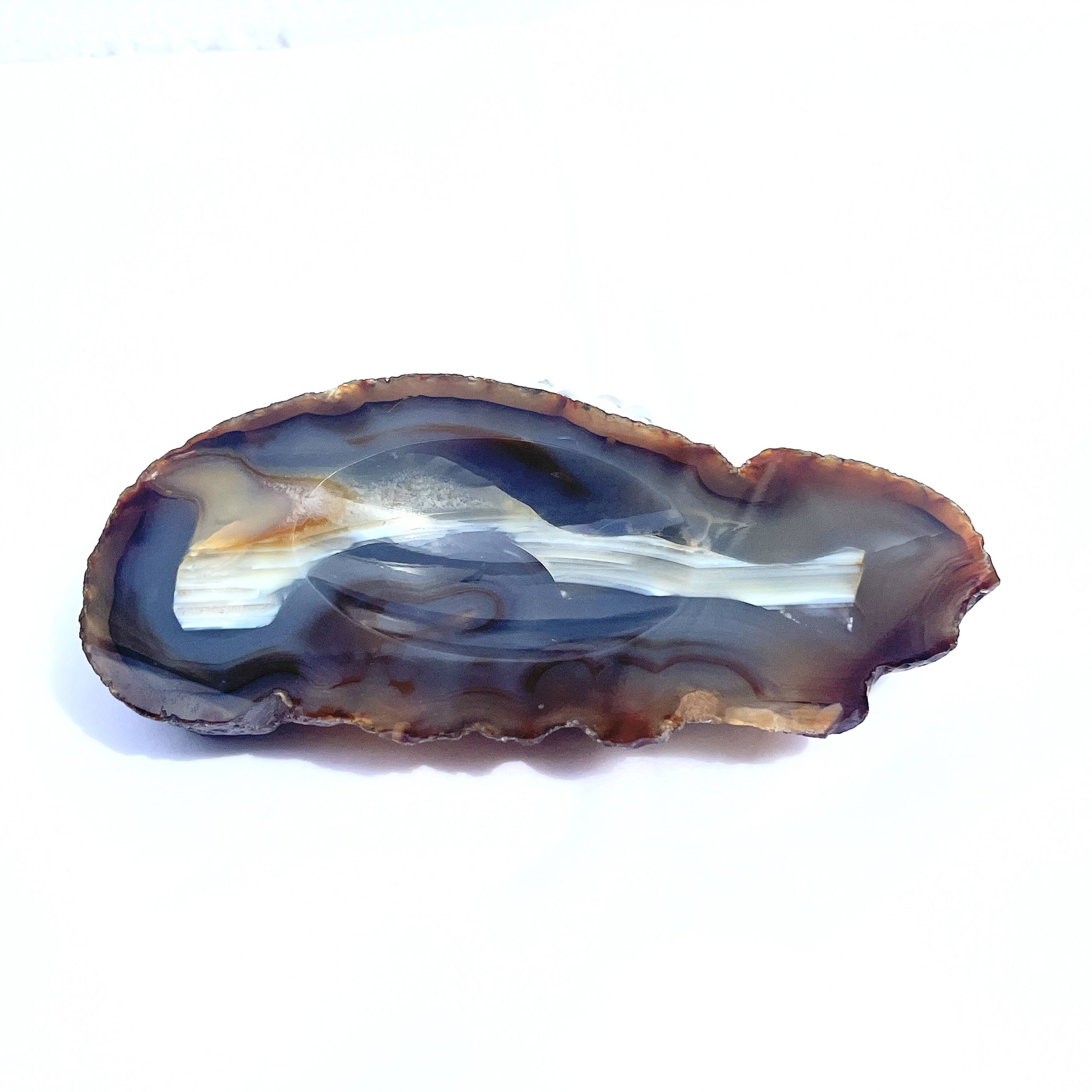 Vintage blue brown agate slice tray agate ashtray 1960