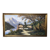 Tableau huile sur toile l. guerny vue rivière en montagne avec cadre doré