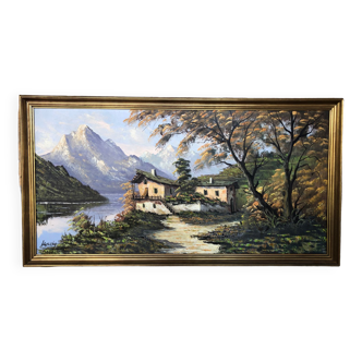 Tableau huile sur toile l. guerny vue rivière en montagne avec cadre doré