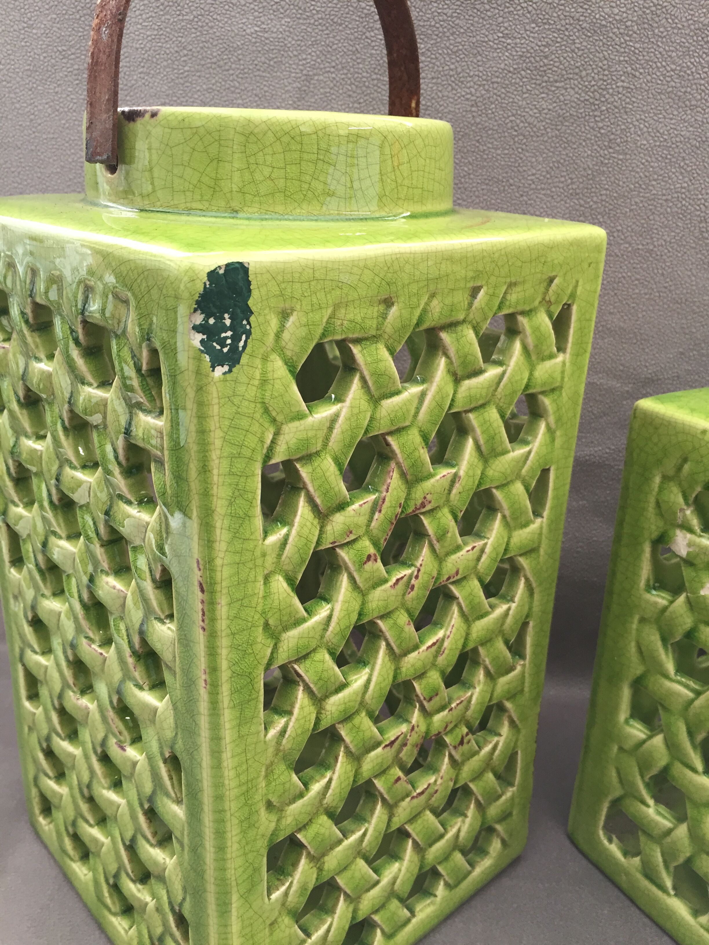Set trio decorative lanterns design ceramic enamelled cracked glaze