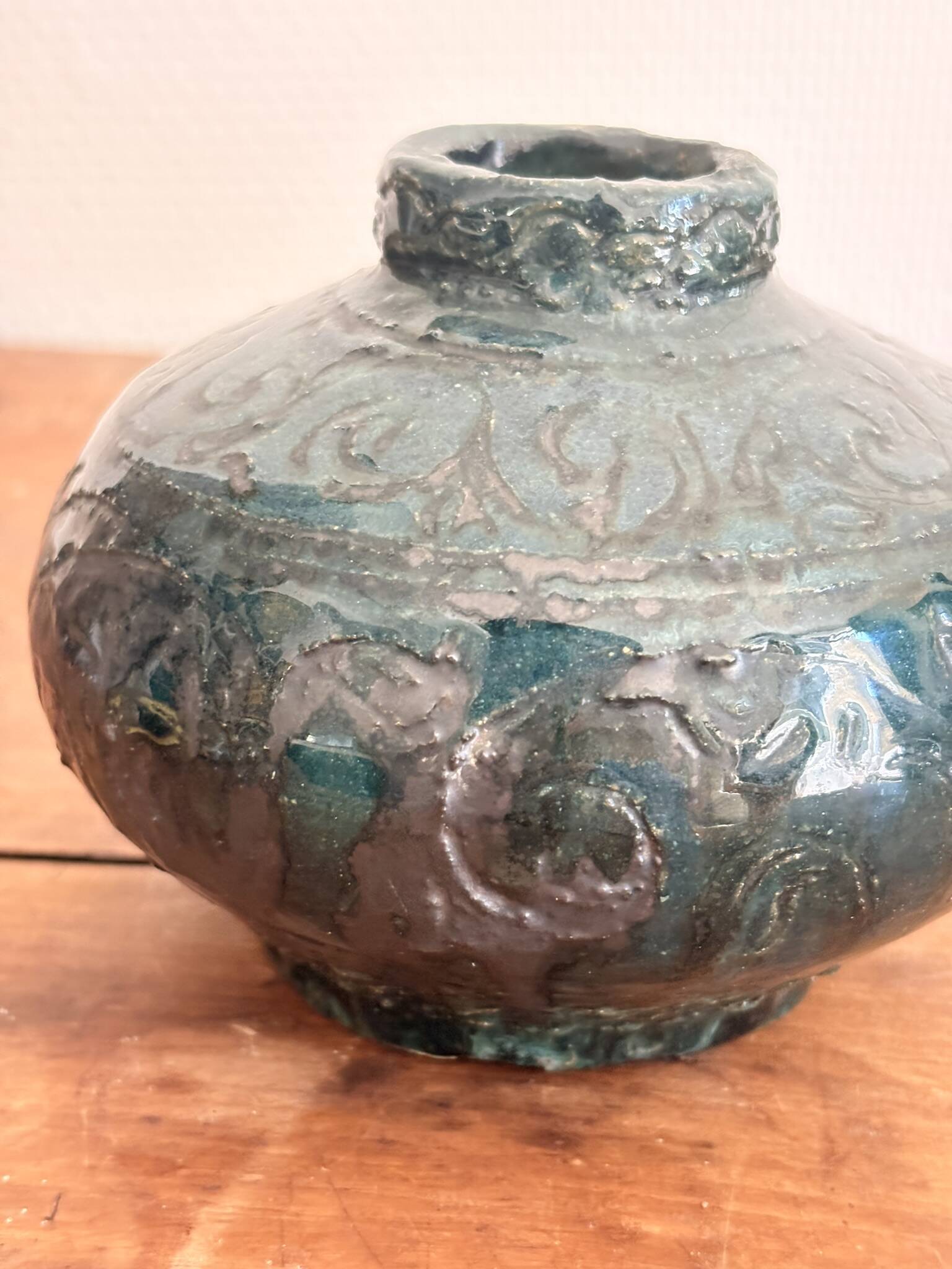 Glazed Engraved Bowl Vase with Geometric Flowers, Popular Art from the 50s