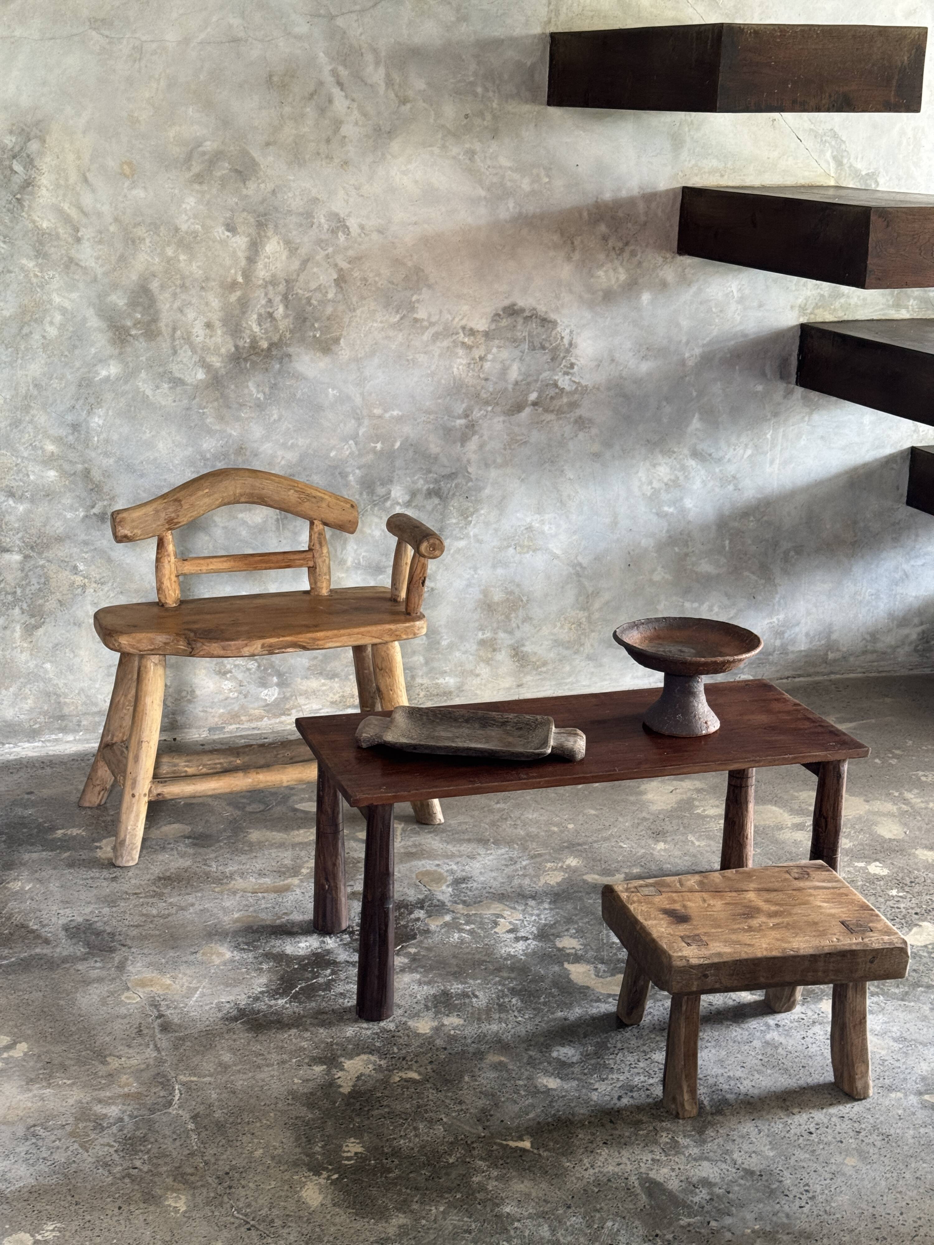 Small brutalist bench with backrest and armrests in Asian blonde teak H67 L6
